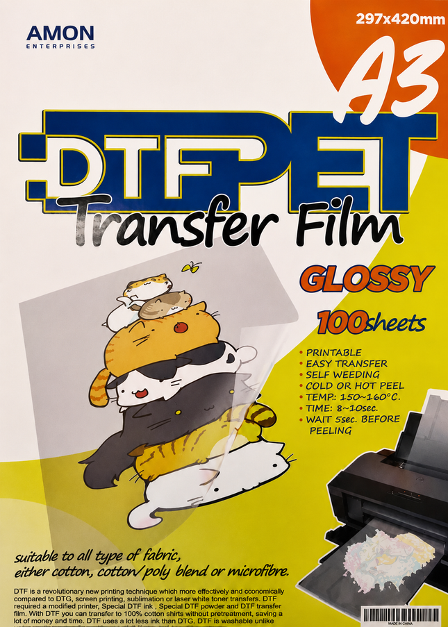 A3 DTF Transfer Film - 100 Sheets | Glossy Double-Sided PET Film for DTF Printing