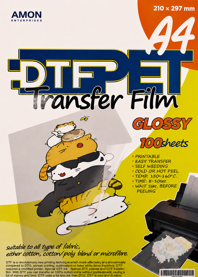 A4 DTF Transfer Film – 100 Glossy PET Sheets