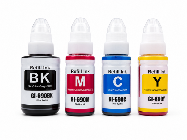 Canon GI-690 Compatible Ink Bottles – BK/C/M/Y & Full Set