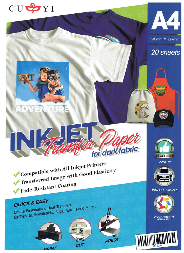 A4 Heat Transfer Paper for Dark Fabrics – 20-Sheet Pack for Inkjet Printing!
